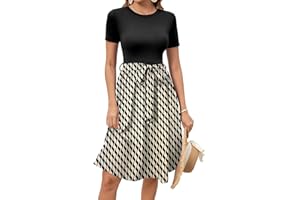 HELYO Women's Elegant Vintage Round Neck Short Sleeve Summer Casual Work Party A-Line Dress with Belt 809