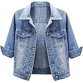 loveimgs Women Casual 3/4 Sleeve Button Down Cropped Denim Jean Jacket Motorcycle Short Jacket