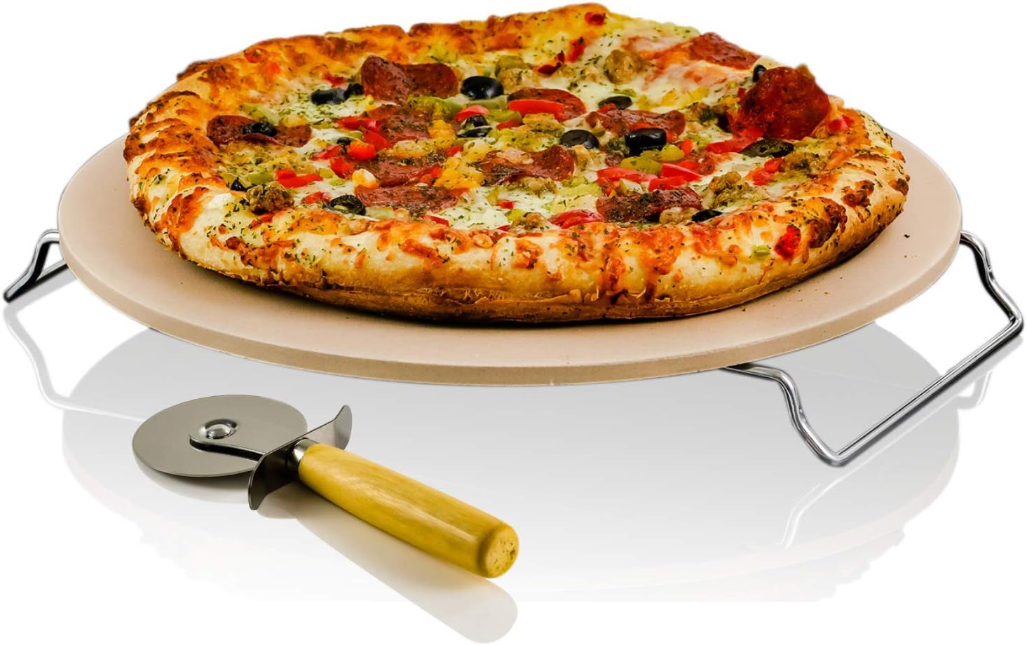 Ovente Ceramic Flat 13 Inch Pizza Stone Set with Crust Cutter Wheel & Metal Rack/Handle, Compact Easy Storage Portable Baking Grilling Stone Thermal Shock Resistance for Oven Grill BBQ, Beige: Kitchen & Dining