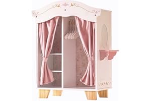 ROBUD Wooden Doll Furniture, Doll Closet with Mirror, 5 Hangers, Velvet Curtains, Elegance and Vintage Style, White, Fits 16-