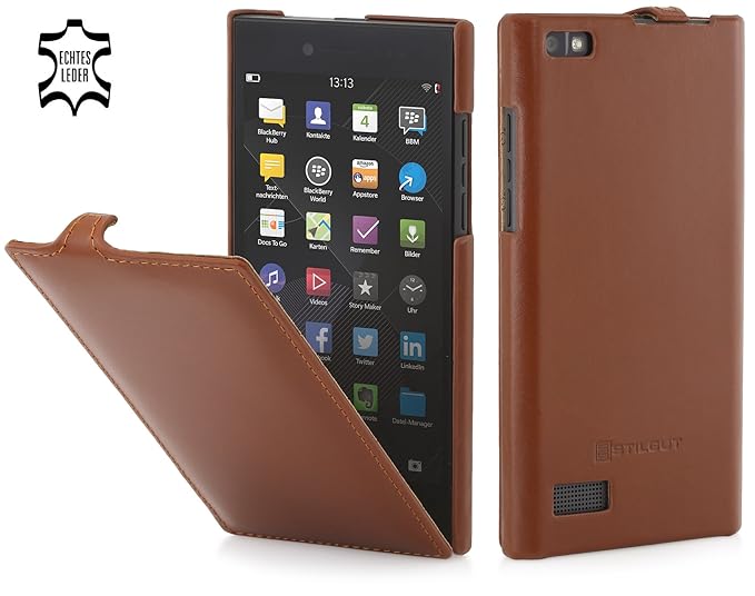 StilGut UltraSlim Case, Hülle Tasche aus Leder für BlackBerry Leap, Cognac