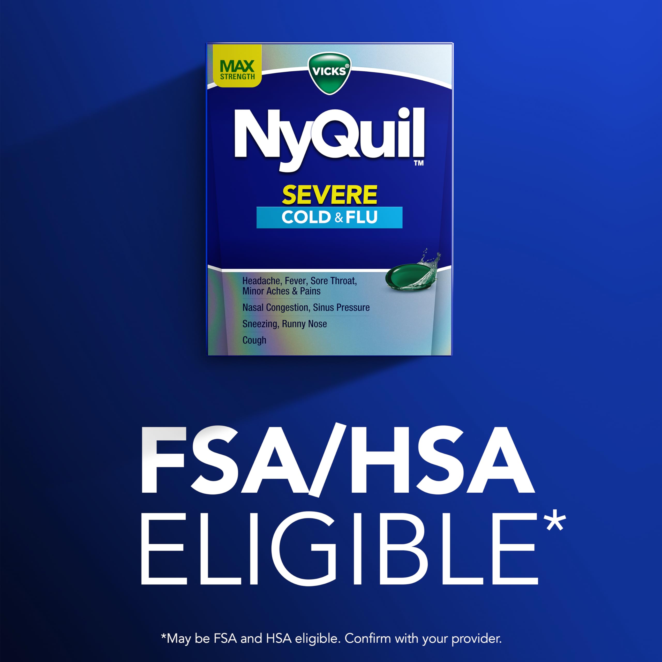 Vicks NyQuil Severe Cold, Flu, & Congestion Medicine, 24 Liquicaps, Maximum Strength, 24Count