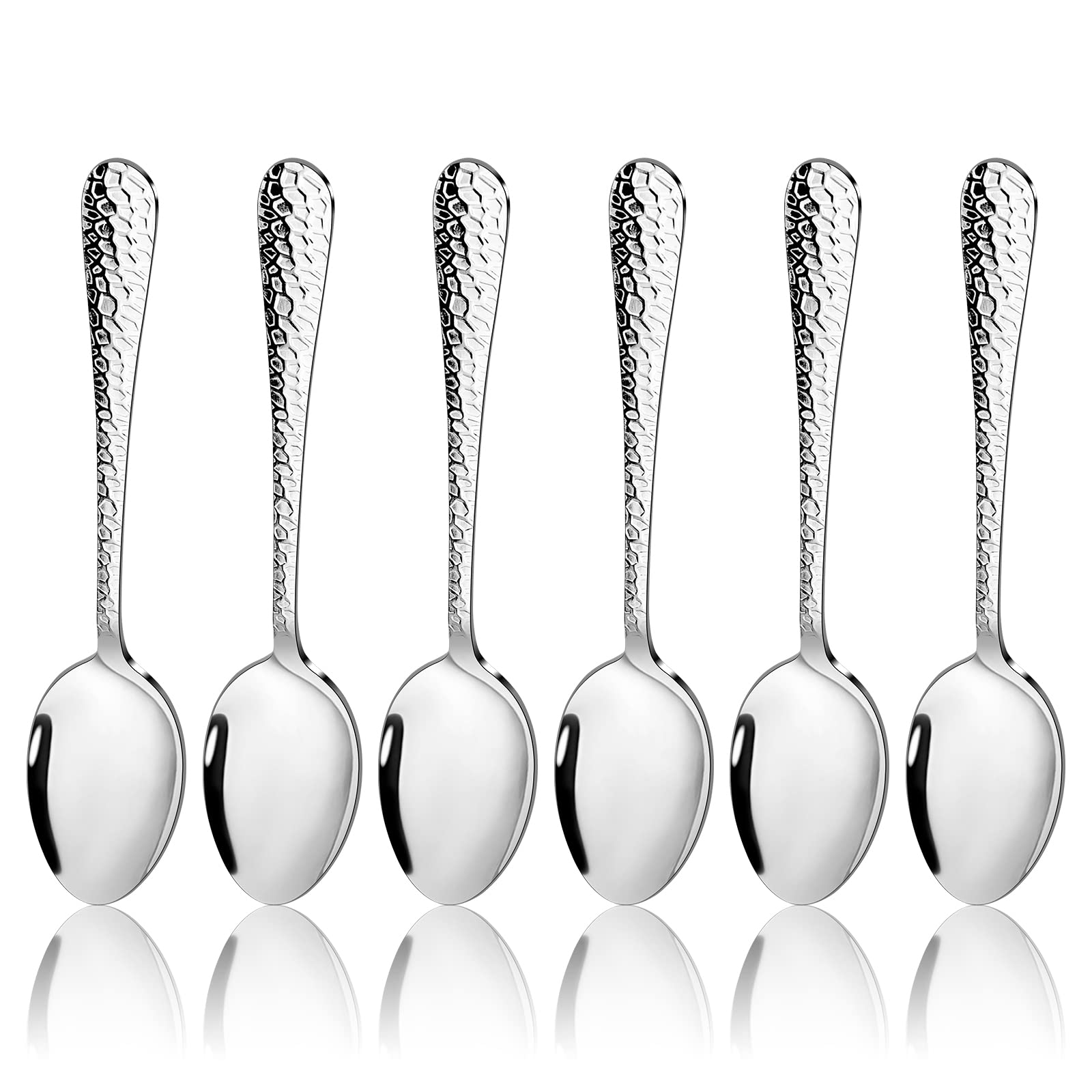 HaWare Stainless Steel Hammered Dinner Table Spoons Set for Home Restaurant, Round Edge & Mirror Polished, Dishwasher Safe, 20cm - 6 Pcs