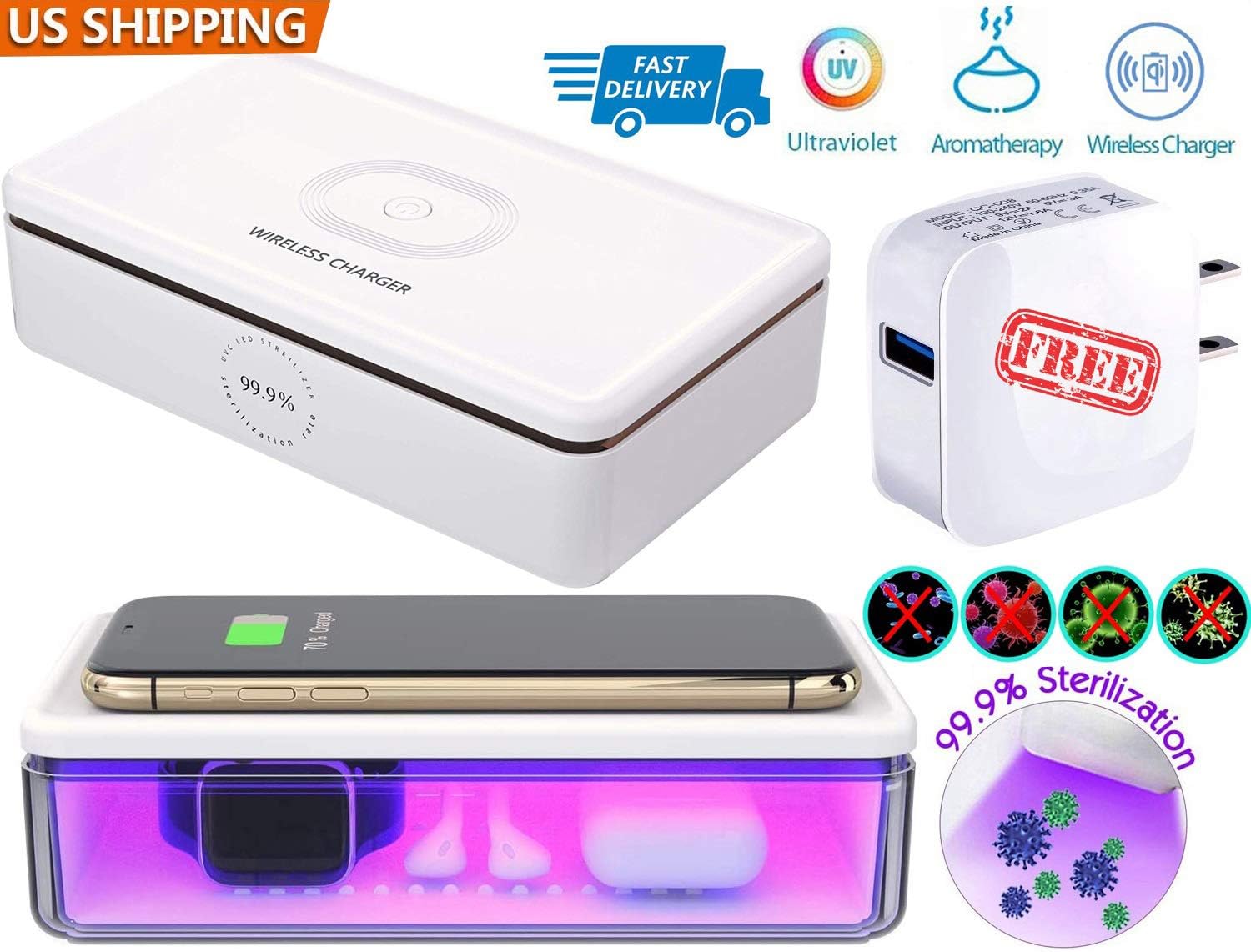 Cell Phone Sanitizer with QI Wireless Charger - Multi-Function UV Cell Phone Sanitizer Disinfection Box/Germicidal UV Light Cell Phone Sterilizer Box Aromatherapy for Glasses,Watches + QC 3.0 Adapter