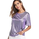 WUDODO Women's Shiny Tops Holographic Metallic Shirts Sparkles Ultra Soft Glitter Blouse