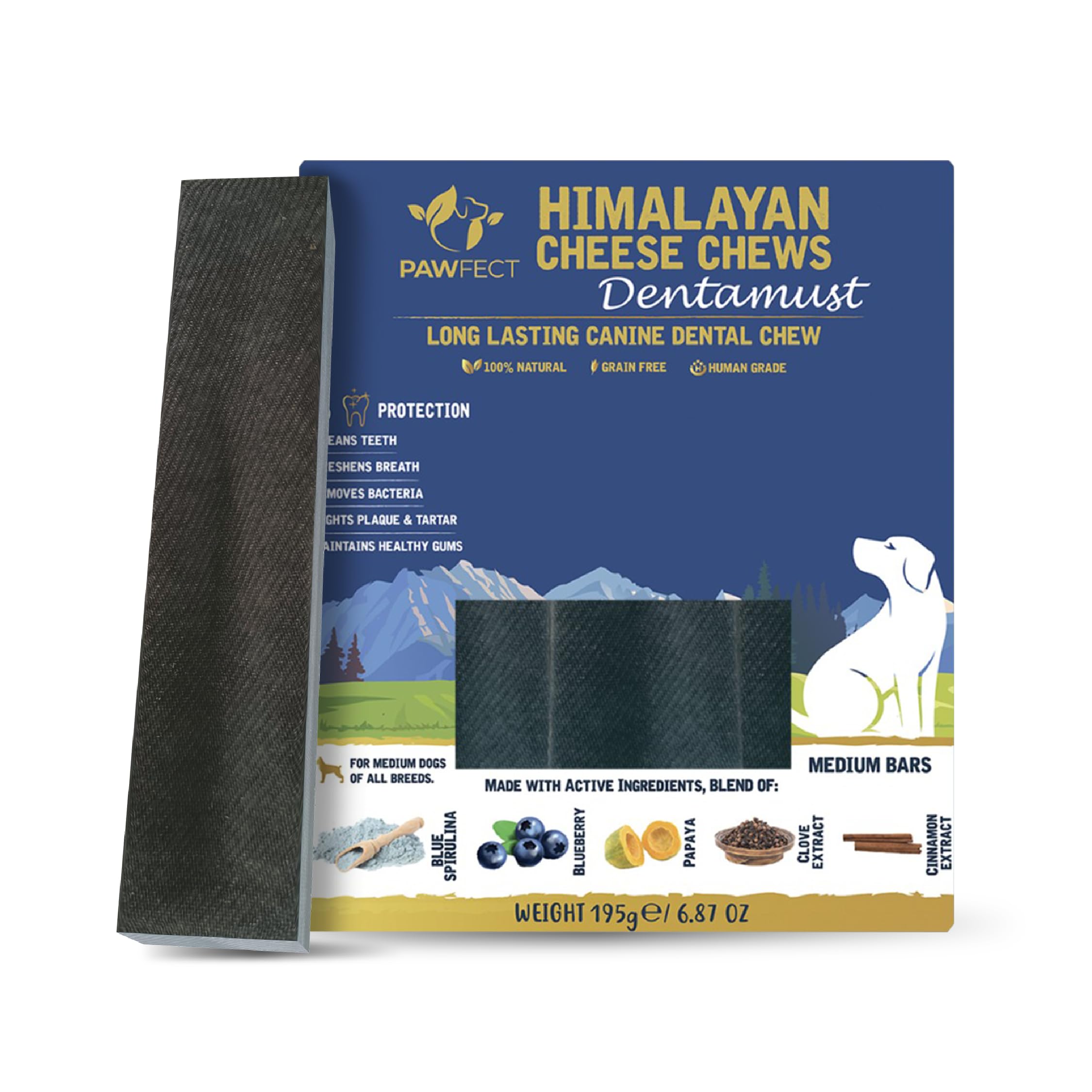 Pawfect Dentamust Himalayan Yak Cheese Chews with Blueberry & Papaya for Medium Dogs-Long Lasting Dental Chews with Superfoods -100% Natural, Multi Functional Dental Treat- Pack of 3 (195g/6.88oz)