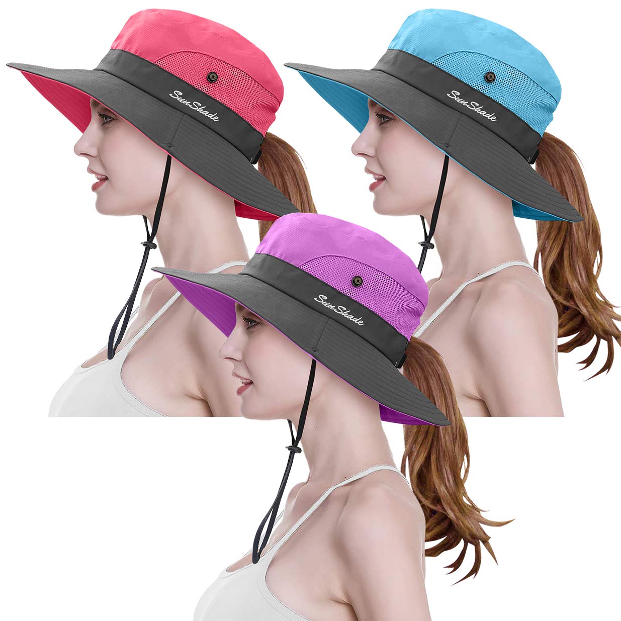 Photo 1 of 3 Pieces Womens Ponytail Wide Brim Sun Hat Packable UV Protection Beach Cap for Fishing & Hiking (Purple?Watermelon Red?Sky Blue)