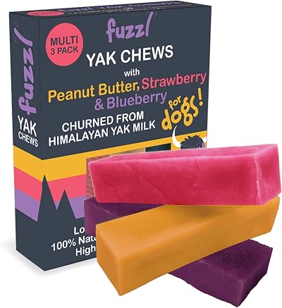 Fuzzl Himalayan Yak Chews for Dogs 3 Pack Peanut Butter Strawberry Blueberry