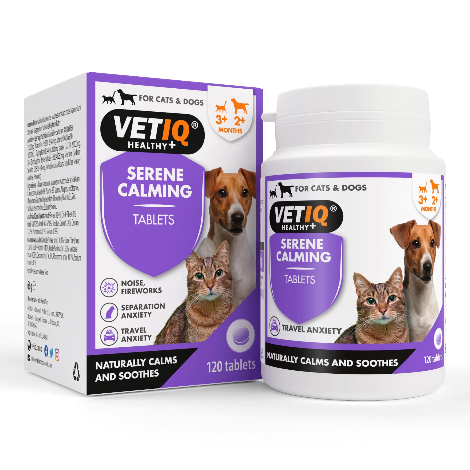 VETIQ Serene Calming Tablets for Cats & Dogs, Helps with Noise, Fireworks, Separation Anxiety & Travel Anxiety, 120 Tablets