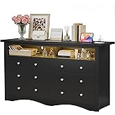 YESHOMY Modern 6-Drawer Dresser for Bedroom with Open Storage Shlef,52" Black Large Drawer Dressers with Charging Station & LED Lights,TV Stand,Wood Chest of Drawers for Living Room