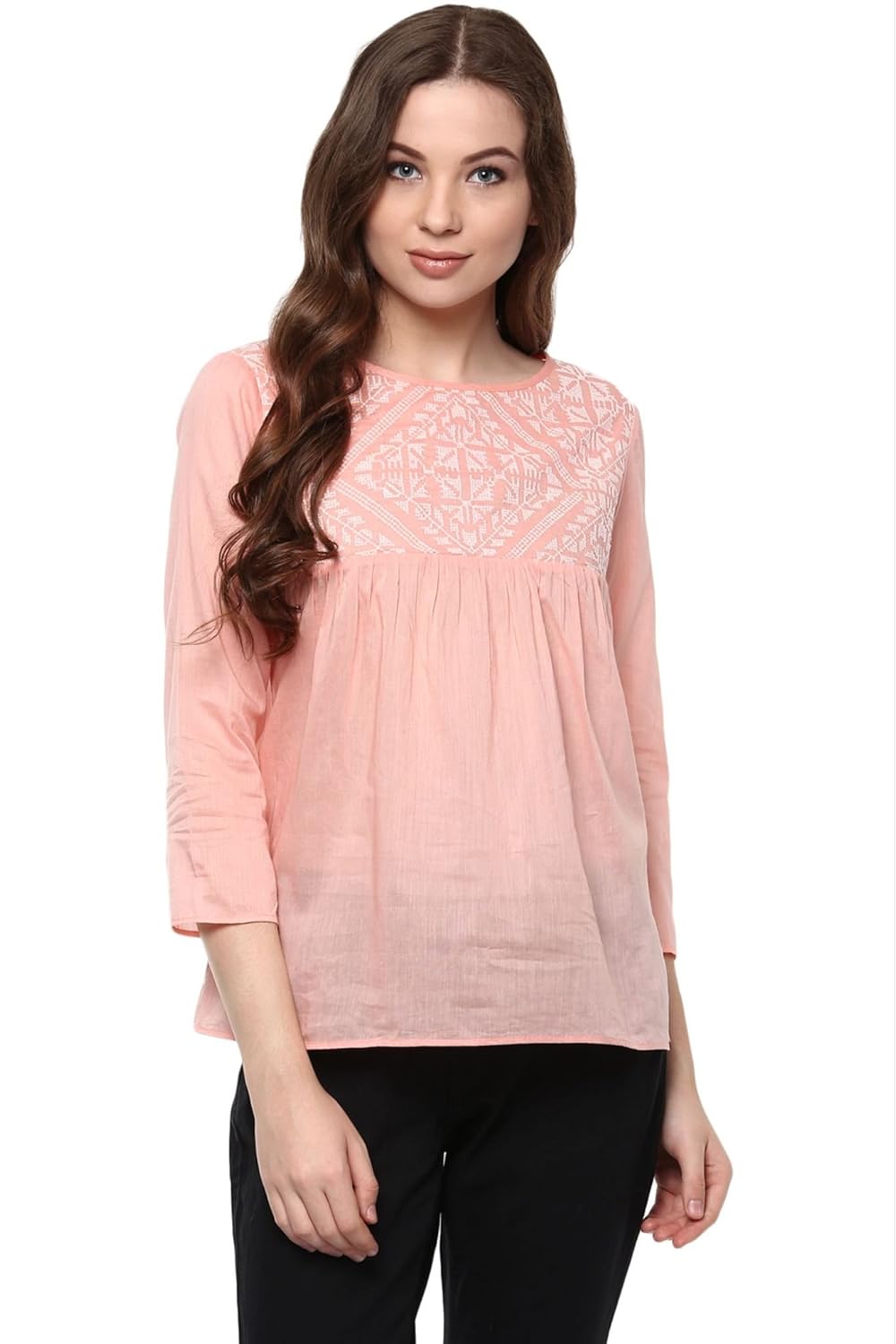 the vanca women's peach rayon top with embroidery
