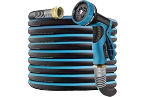 LINQUO 100 ft Heavy Duty Hybrid Garden Hose – Flexible & Lightweight Outdoor Water Hoses 5/8-In with 10 Pattern Spray Nozzle,Burst 600 psi, Kink-less Rubber Hose Car Washing Pipe, 3/4'' Solid Brass Fittings