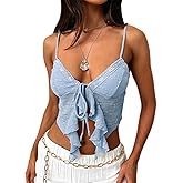 Women's Sexy Lace Up Padded Camisoles Spaghetti Straps V-Neck Ruffle Crop Tops Y2K Cami Shirt Streetwear