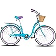 Hiland 26 Inch Beach Cruiser Bike for Women, Men and Adult, Single Speed Commuter Bicycle with Basket and Rear Cargo, Multiple Colors City Bike