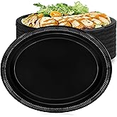 Gabotrie 50 PCS Disposable Black Plates, 9.8" x 12.4" Oval Black Plastic Plates, Heavy Duty Plate Bulk, Large Oval Plastic Plate for Party Dinner Birthday Picnic