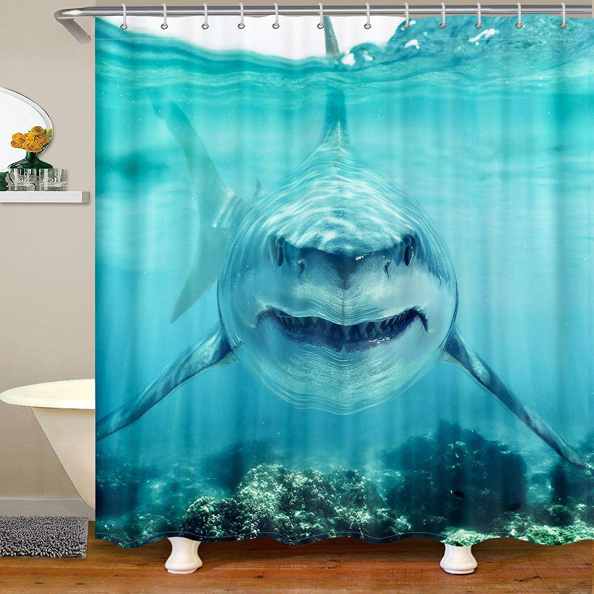 Loussiesd Shark Shower Curtain for Stalls Bathtubs 3D Shark Fish Bathroom Shower Curtain Set Ocean Marine Theme Bath Curtain Wild Animal in The Sea Waterproof Bathroom Curtains 180x180cm