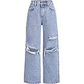 SweatyRocks Girl's Ripped Cut Out Jeans Distressed Straight Leg Denim Pants Trousers