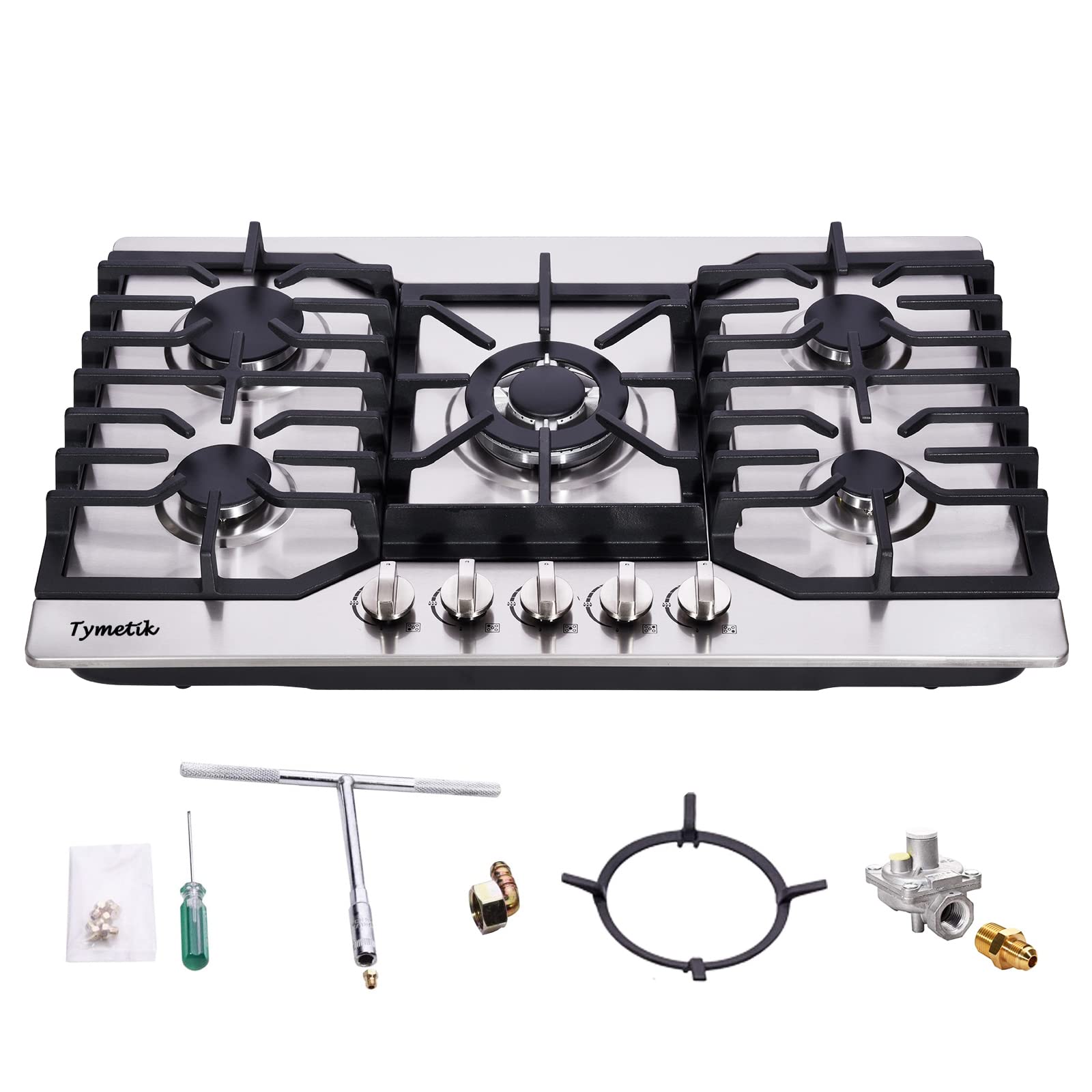 Tymetik Gas Cooktop 30 Inch, 5 High Efficiency Burners Gas Stovetop Stainless Steel Built-in Gas Stove Top Propane/Natural Gas Convertible Gas Hob