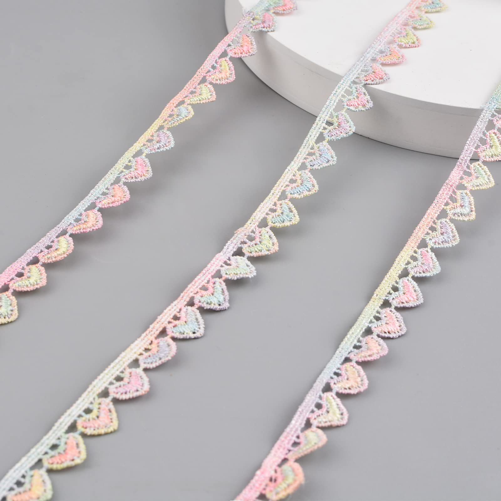 URROMA Gradient Colorful Heart Lace Trim, 5 Yards Multi-Color Lace Gold Embroidery Lace Ribbon Trim for Sewing, Metallic Crafts Fabric Trim