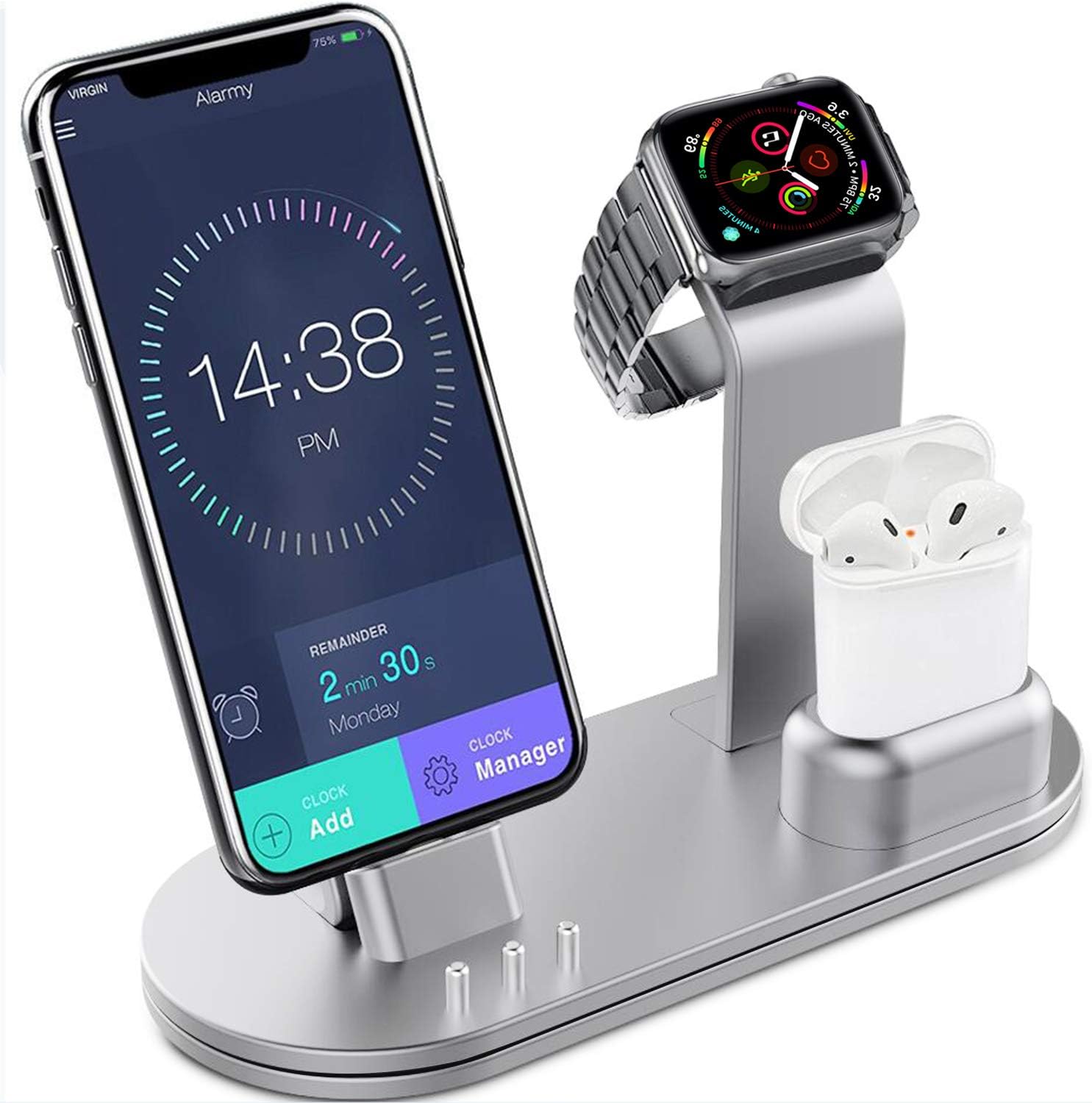 OLEBR Charging Stand Aluminum Alloy Charging Docks Suitable for iWatch Series 4/3/2/1/ AirPods/iPhone Xs/iPhone Xs Max/iPhone XR/X/8/8Plus/7/7 Plus /6S /6S Plus/iPad-Silver