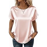 Zeagoo Satin Blouse for Women Business Casual Outfit Short Sleeve Tops Crewneck Tshirt Silk Shirt Summer Clothes