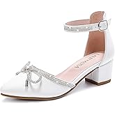 LAURMOSA Girls Sandals Closed Toe High Heels Pointed Toe Ankle Strap Pumps Flower Girl Dressy Shoes in Wedding Party Cute Bowknot Chunky Block Heeled for Little Big Kids