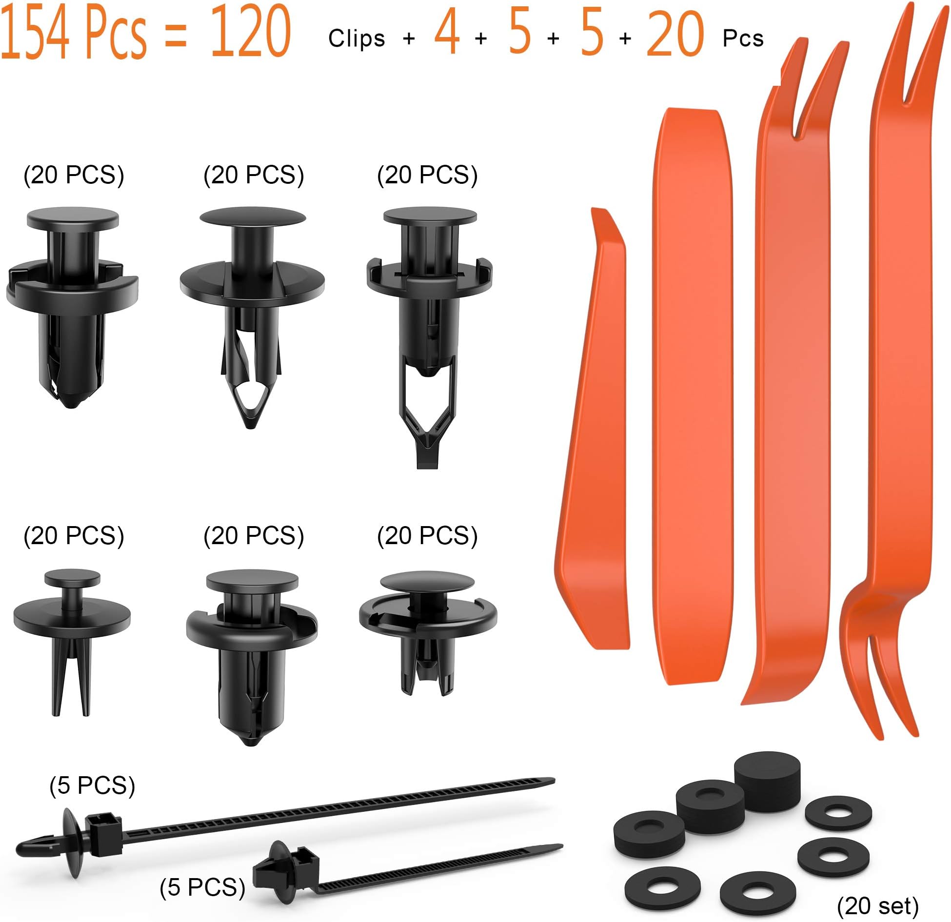 Manfiter Push Retainer Clips and Plastic Fasteners Kit - 154pcs Resuable Nylon Push Type Retainer Clips 6.3mm 8mm 9mm 10mm Assortment Universal Door Trim Panel Clips Set in Bag
