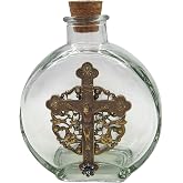 Needzo Large Glass Holy Water Home Glass Bottle, Vintage Inspired Crucifix Gold Tone Medal with Cork Top Closure, Catholic Home Blessing Housewarming Gift, 4.75 Inches