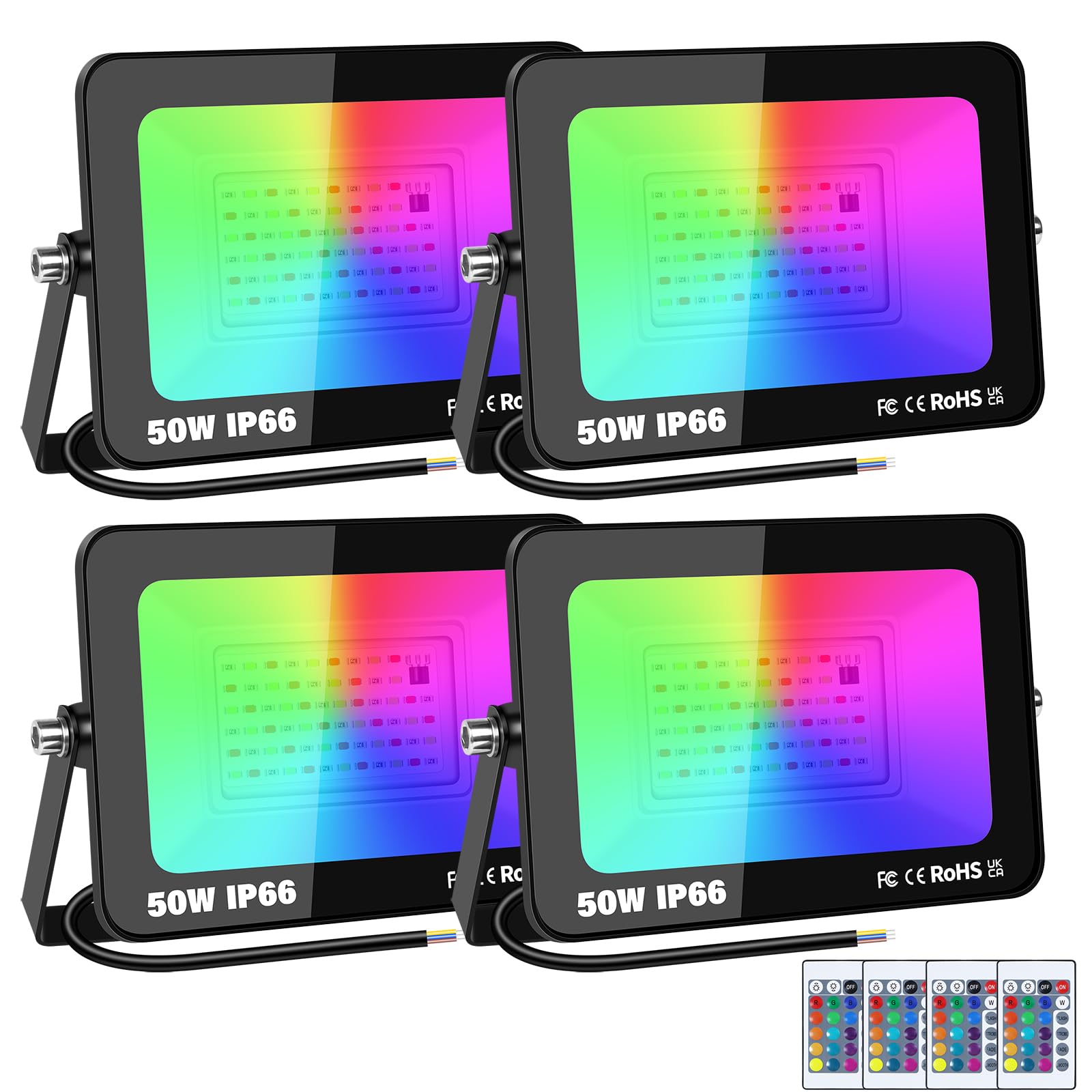 RIGIDON 4 Pack Outdoor RGB LED Floodlight, 50W Dimmable 16 Colour Changing Flood Lights for Garden, Courtyard, Landscap, Stage Decoration, IP66, Electric Mains Powered, Remote Control, 175-265V