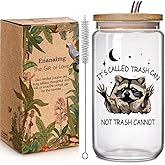 Funny Raccoon 16oz Glass Cup with Lid and Straw Gifts for Best Friend Men Women Boyfriend Girlfriend - It's Called Trash Can Not Trash Cannot, Office Coworker Birthday Gift Idea for Him or Her