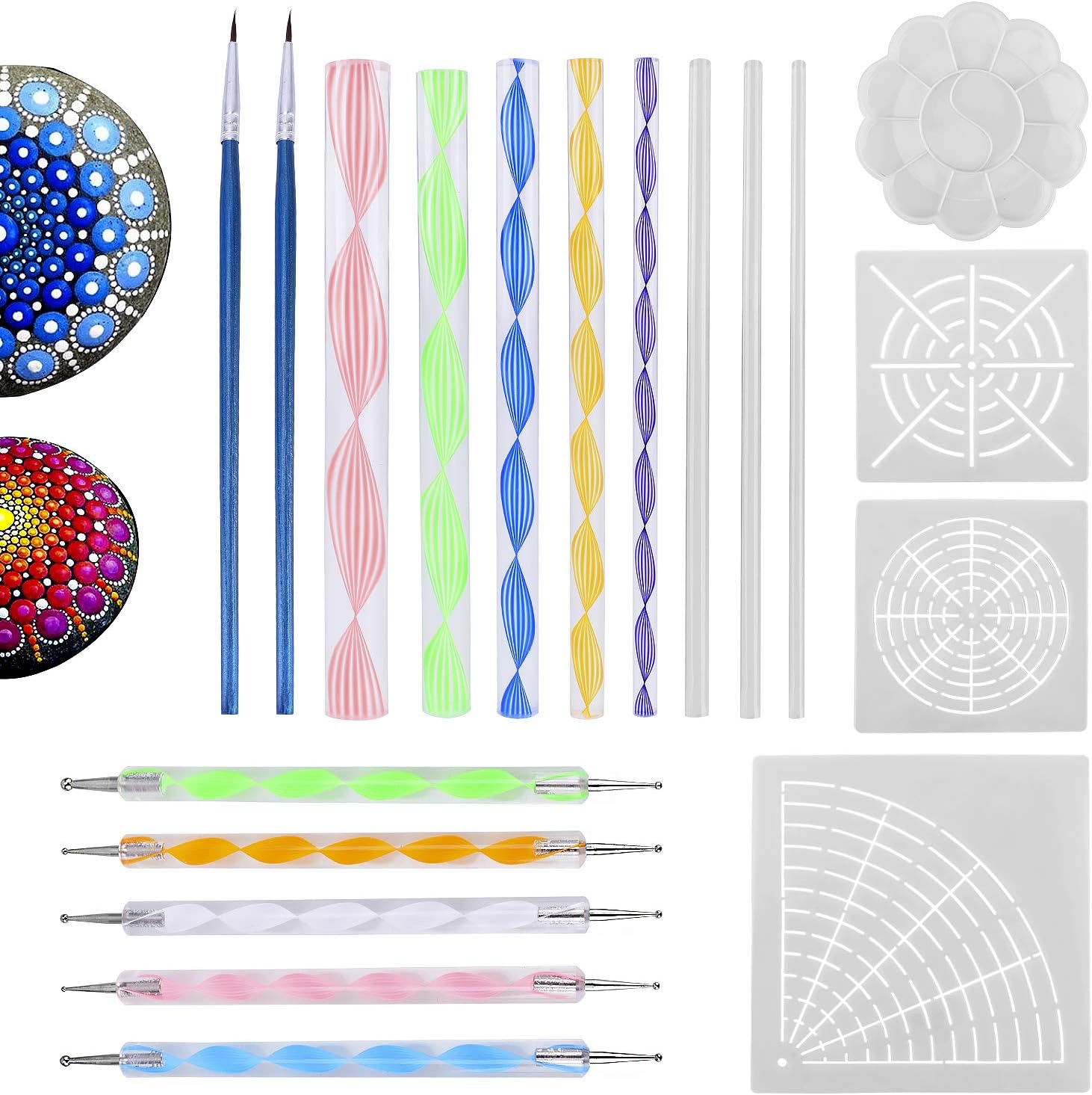 Geboor 19Pcs Mandala Dotting Tools for Rock Painting Pen Dot Dotting Tools with Stencil Brush Paint Tray Pattern Set