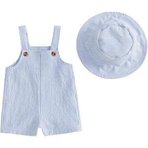 Sprifallbaby Baby Boy Girl Overalls Shorts Bib Jumpsuit Cute Baby Clothes | Stripe Buttons Bib Shortalls + Hat, Toddler Suspe