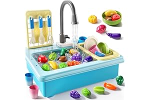JUKUDAHU Play Sink with Running Water, Play Kitchen Toys Sink for Kids 3 4 5 6 7 Years Old, Electrical Dishwasher, Color Changing Kitchen Accessories, Dishes Games, Gifts for Toddlers 3-5