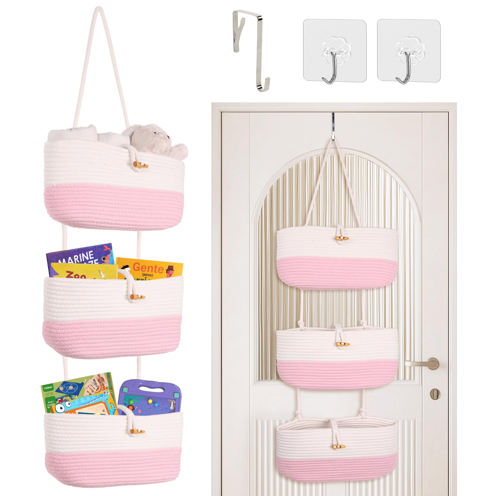 Autumnlife 3-Tier Over Door Storage Organiser, Woven Rope Hanging Door Organiser Wall Hanging Organiser Storage Cotton Fabric Back of Door Storage for Nursery, Bedroom, Bathroom - Pink