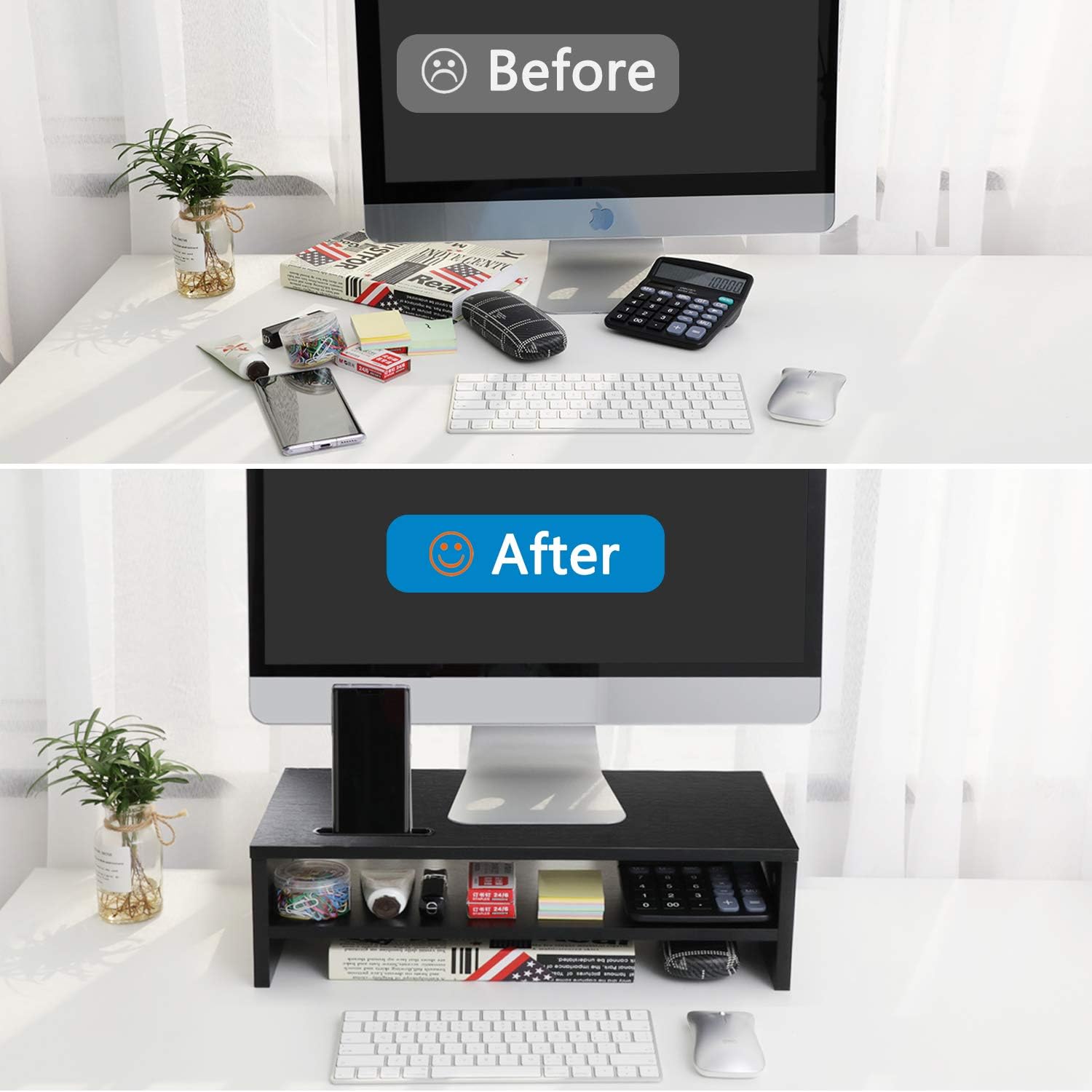 AMERIERGO Monitor Stand Riser - 16.5 Inch 2 Tier Desk Organizer Stand for Laptop Computer, Desktop Printer Stand with Phone Holder and Cable Management, Versatile as Storage Shelf & Screen Holder : Office Products