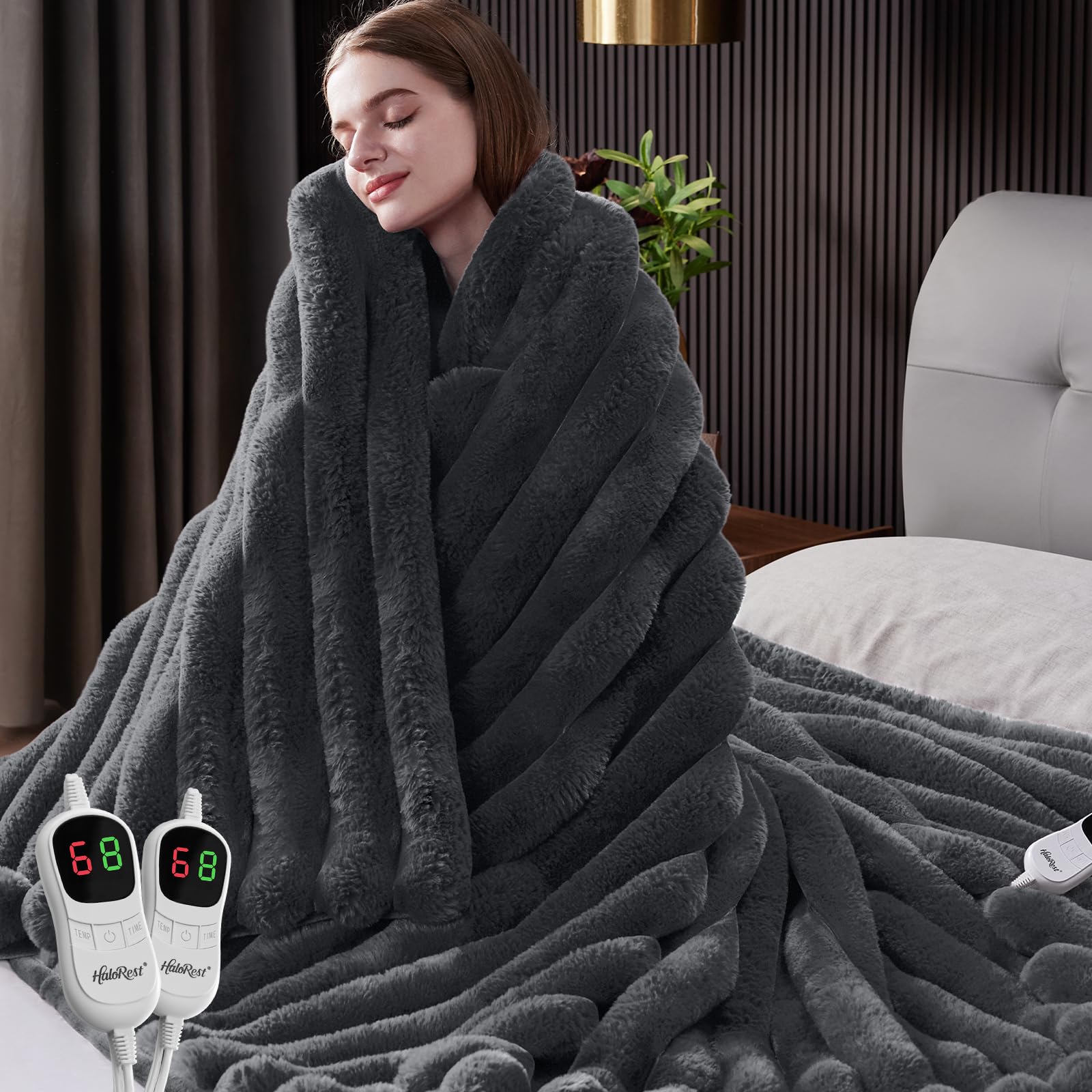 Photo 1 of HaloRest Heated Blanket Queen Size, Faux Fur Cozy Heating Blanket with Overheat Protection, 1/2/4/6/8 Hours Auto-Off 10 Heat Level, Machine Washable (84x90 Inches, Darkgrey)
