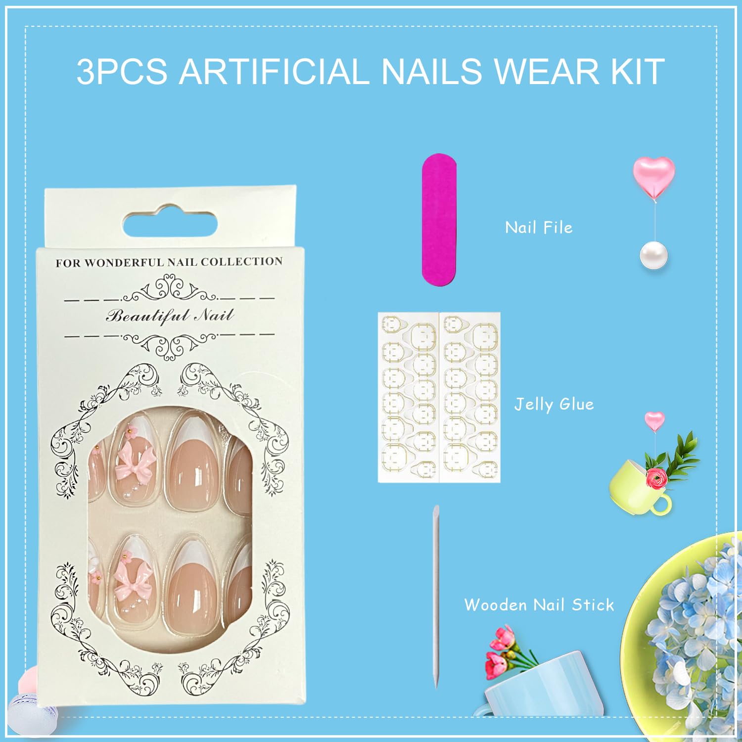 Tyuimhx 3D Pink Bow Press on Nails Medium Almond Fake Nails With 3D Pink White Flowers Pearls Designs White French Tip False Nails Full Cover Stick on Nails Acrylic Artificial Nails for Women 24Pcs - Image 5