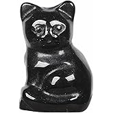 Justinstones Carved Natural Black Obsidian Cat Guardian Statue Home Decor Reiki Chakra Healing Crystal Desk Gemstone Decoration Stone Crafts Gemstone Collectible Gift