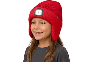 ATNKE Kids LED Lighted Lined Fleece Beanie Cap with Earflap, USB Rechargeable 4 LED Run Headlamp Hat for Boys and Girls