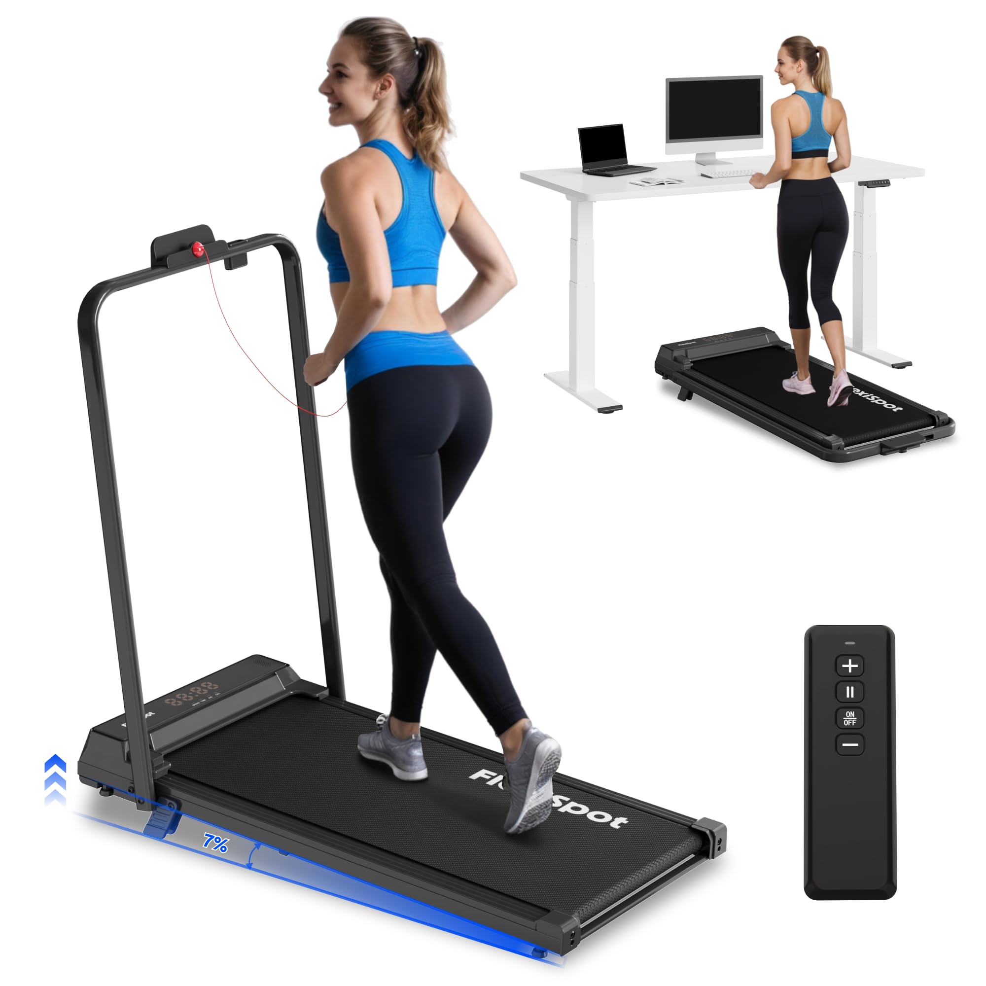 FlexiSpot Laufband mit 7% Steigung, 1–12 km/h, klappbarer Handlauf, bis 140 kg belastbar, LED-Display mit Fernbedienung, Walking Pad für Zuhause & Homeoffice Dynamix Schwarz