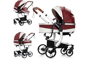 SUTTONBEBE PU Leather 2 in 1 Baby Stroller with Bassinet Reversible Portable Standard Baby Stroller Convertible Pushchair Infant Buggy Baby Carriage Foldable High Landscape Pram Toddler Newborn (2US518-Red)