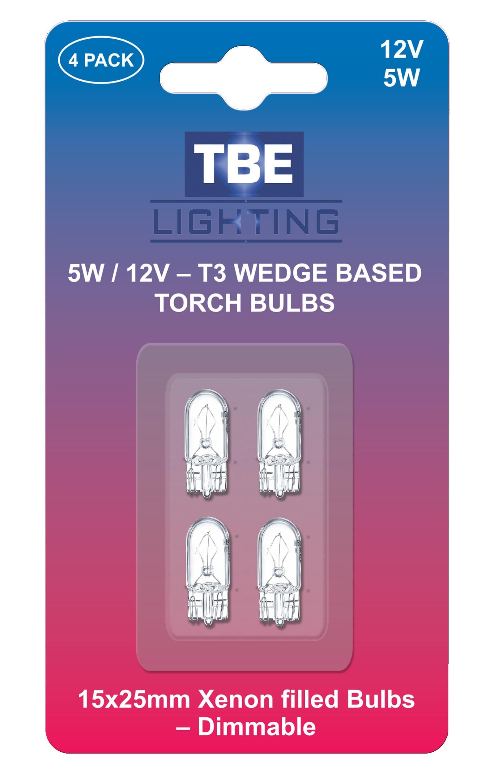 TBE LIGHTING Replacement Car Side Light Bulbs/Indicator Repeater Bulb/Licence Plate Lights/Dashboard Lights - Part 501 W5W - Dimmable 5w Xenon Capless T5 Wedge Base 12 Volt - Pack of 4 Bulbs