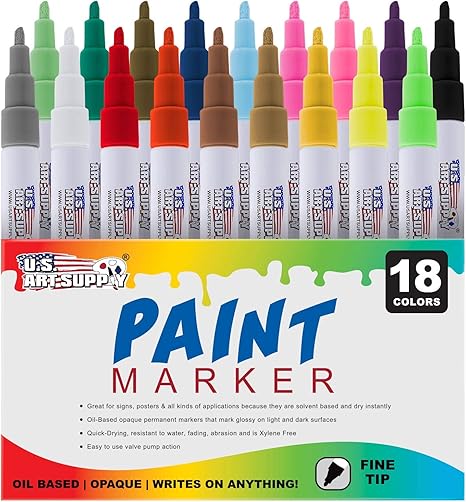 Amazon Com U S Art Supply 18 Color Set Of Fine Point Tip Oil Based Paint Pen Markers Permanent Ink That Works On Most Surfaces Glass Wood Metal Rubber Rocks Stone Arts Crafts us art supply 18 color set of fine point tip oil based paint pen markers permanent ink that works on most surfaces glass wood metal rubber