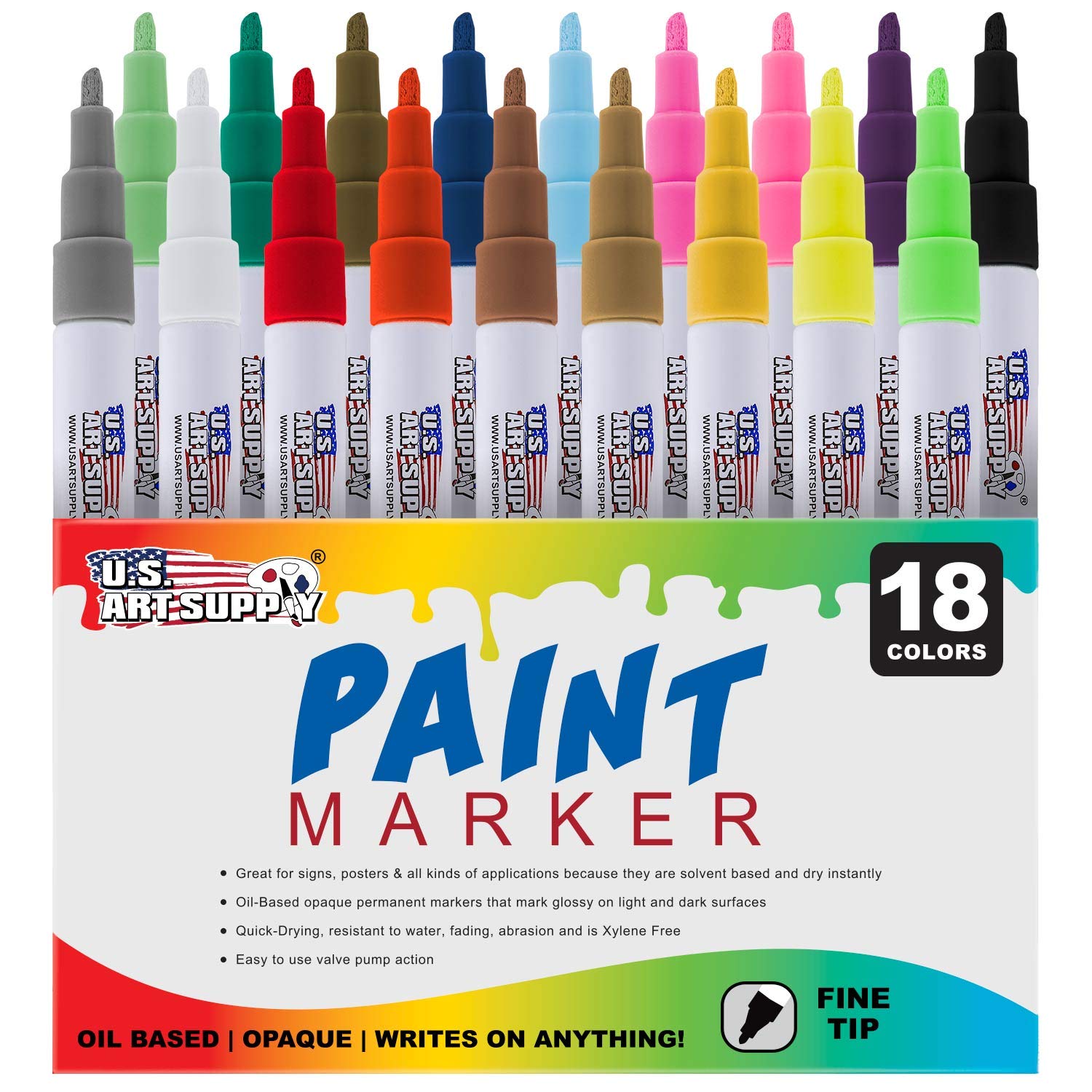 U.S. Art Supply 18 Color Set of Fine Point Tip Oil Based Paint Pen
