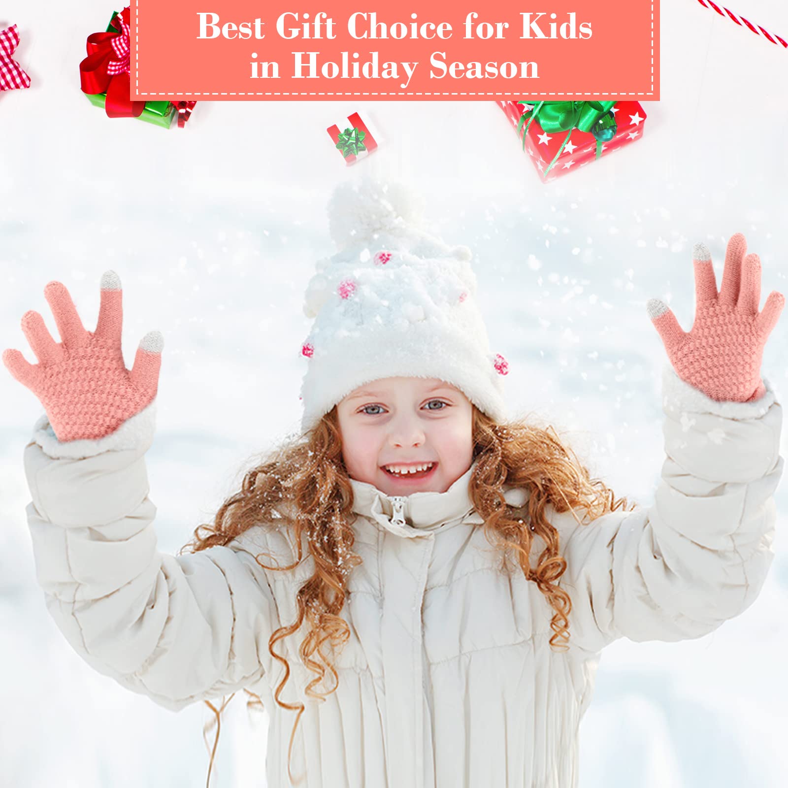 4 Pairs Kids Winter Touchscreen Gloves Warm Fleece Lined Child Knit Gloves Elastic Cuff Winter Texting for Girls Boys