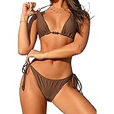 ZAFUL Women's Sexy Halter Bikini Sets Beads Tie Side Solid Triangle Thong Swimsuit Two Piece Cheeky Bathing Suits
