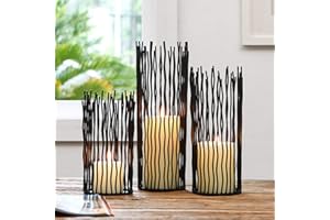 LOVECAT Metal Wire Willow Pillar Candle Holder Set of 3, Creative Wire Cage Candleholder Set for Fireplace Mantel Decoration, 8/10/12 inch Black Tealight Lanterns for Table Centerpiece