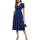 Kormei Women Casual Boho V Neck Short Sleeve Smocked Waist A Line Pocket Swing Midi Long Dress