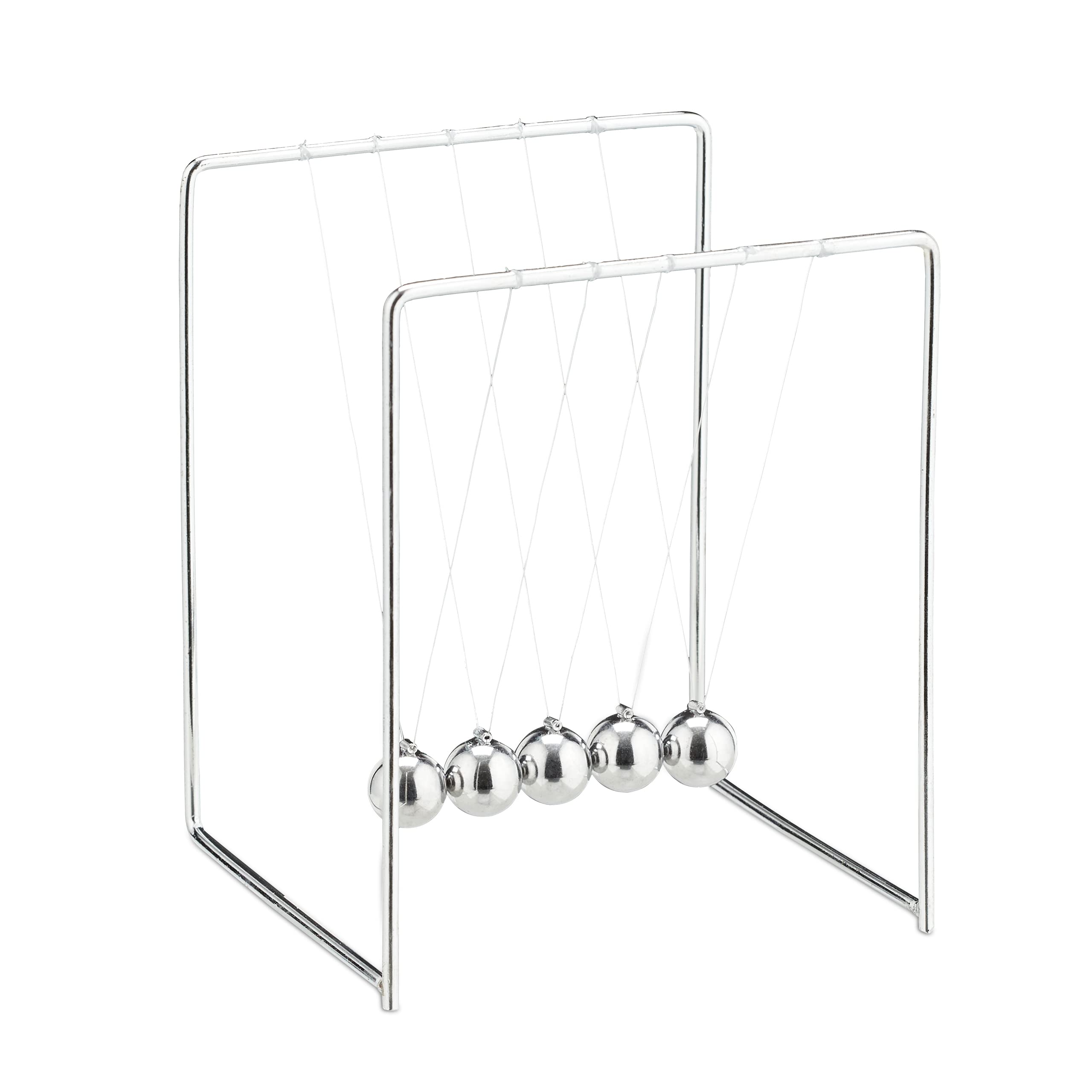 Relaxdays Newton’s Cradle, Pendulum with 5 Balls for Desk & Office, Metal, Physics Gadget, Silver