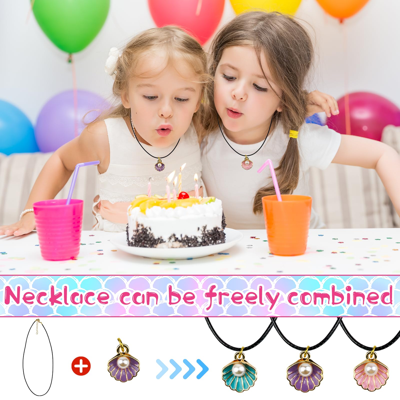 HSLCGF 36 Pack Mermaid Shell Necklace Summer Pink Shell Mermaid Party Gift Decor for Princess Under The Sea Birthday Themed Party Little Girls Gift Bag School Rewards